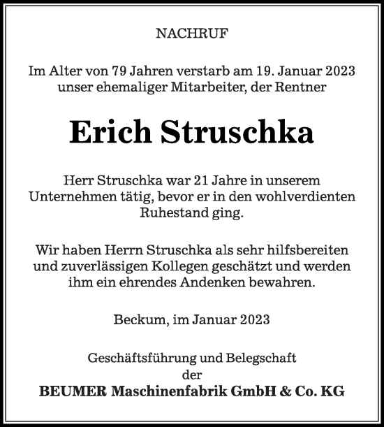 Traueranzeige von Erich Struschka von Die Glocke