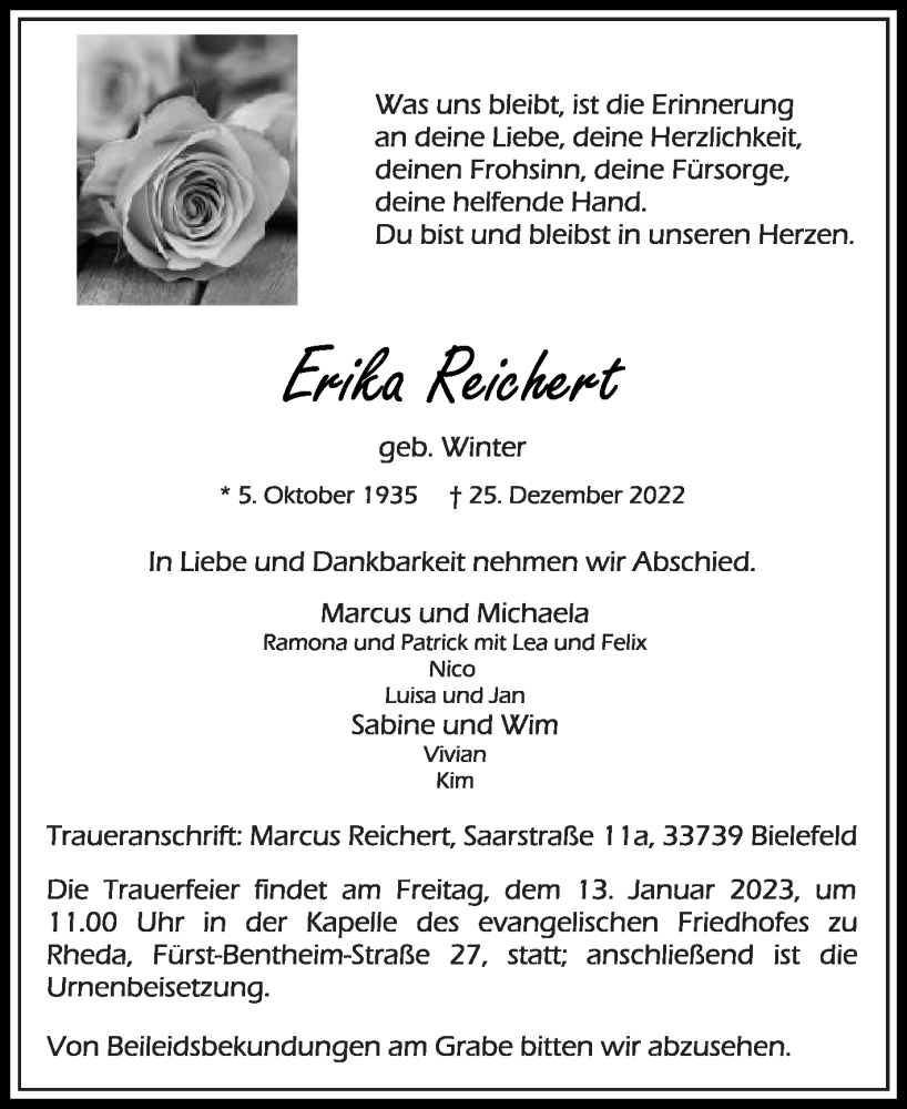  Traueranzeige für Erika Reichert vom 07.01.2023 aus Die Glocke