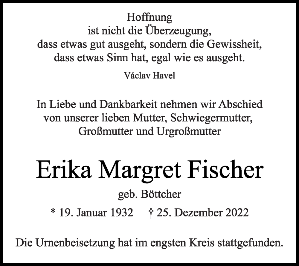  Traueranzeige für Erika Margret Fischer vom 25.01.2023 aus Die Glocke