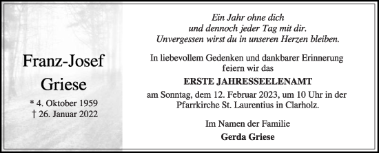 Traueranzeige von Franz-Josef Griese von Die Glocke