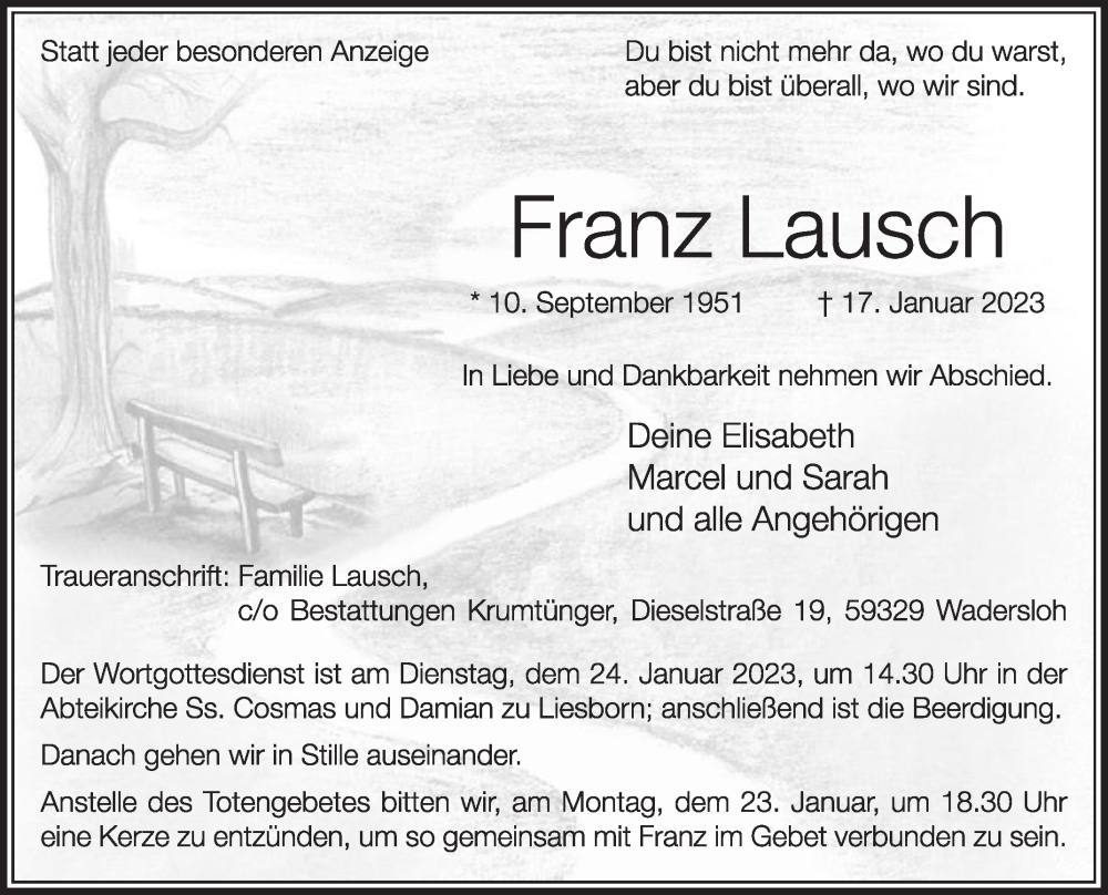  Traueranzeige für Franz Lausch vom 21.01.2023 aus Die Glocke