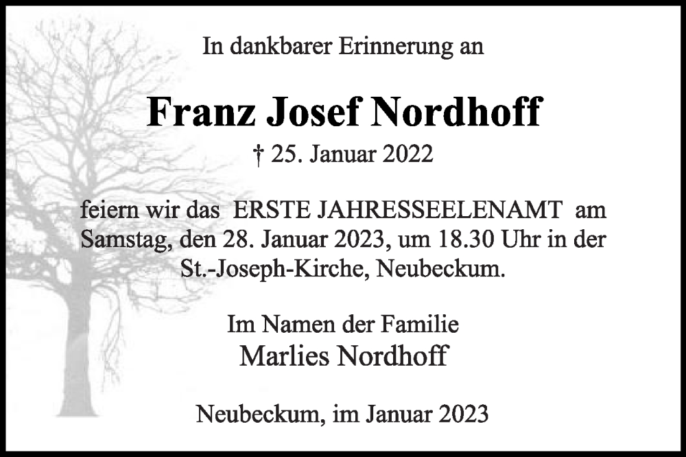  Traueranzeige für Franz Josef Nordhoff vom 25.01.2023 aus Die Glocke