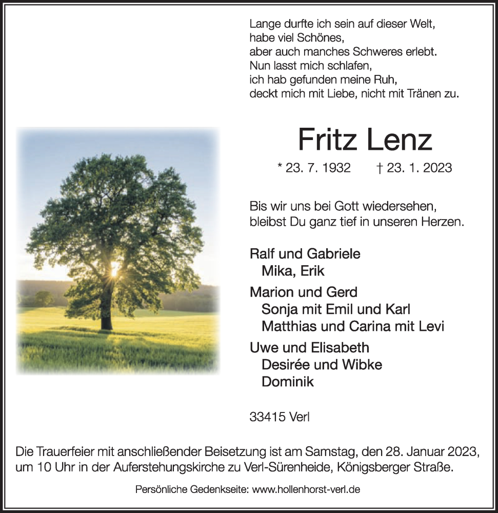  Traueranzeige für Fritz Lenz vom 26.01.2023 aus Die Glocke