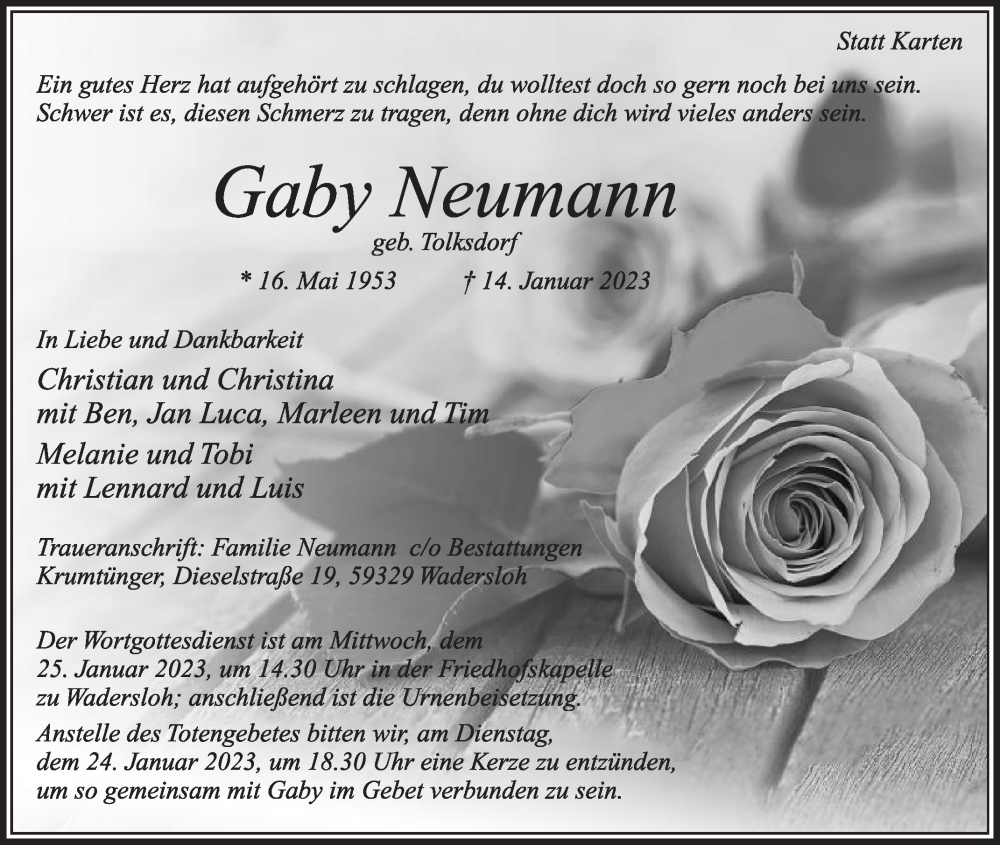  Traueranzeige für Gaby Neumann vom 18.01.2023 aus Die Glocke