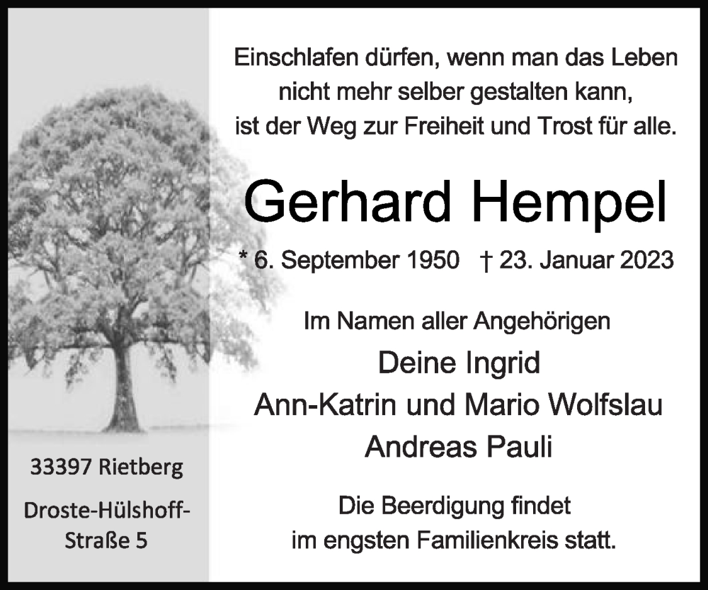  Traueranzeige für Gerhard Hempel vom 25.01.2023 aus Die Glocke