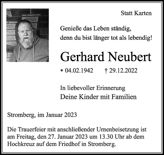 Traueranzeige von Gerhard Neubert von Die Glocke