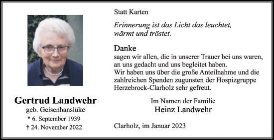 Traueranzeige von Gertrud Landwehr von Die Glocke