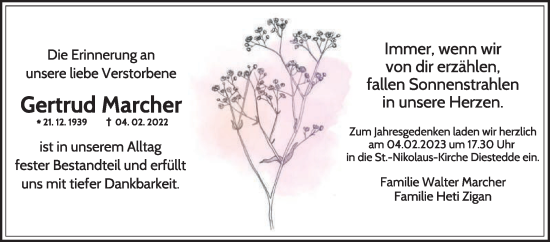 Traueranzeige von Gertrud Marcher von Die Glocke