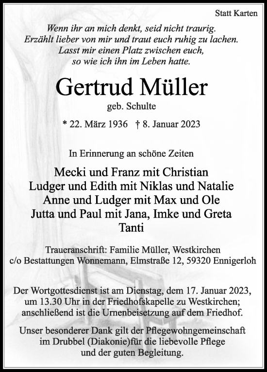 Traueranzeige von Gertrud Müller von Die Glocke