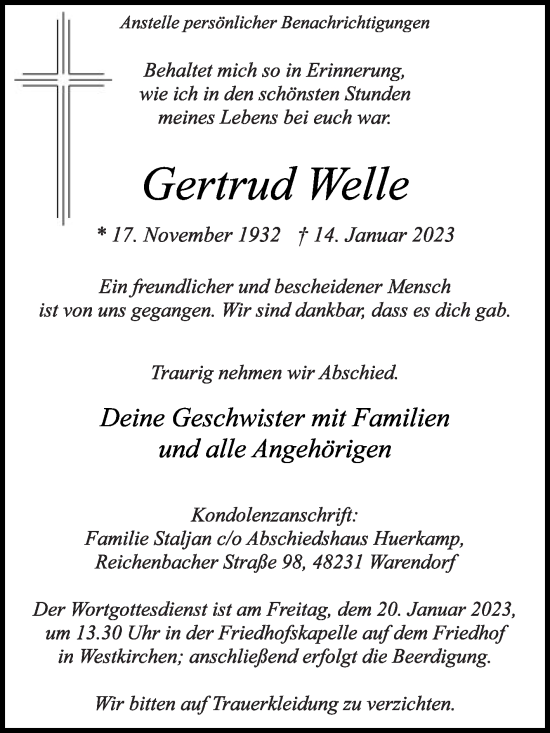 Traueranzeige von Gertrud Welle von Die Glocke