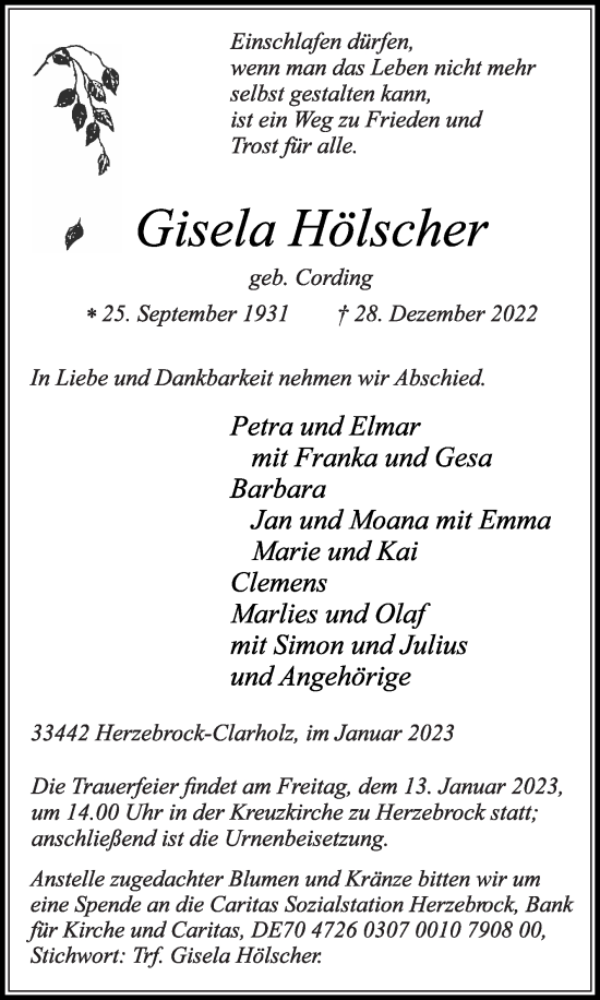 Traueranzeige von Gisela Hölscher von Die Glocke