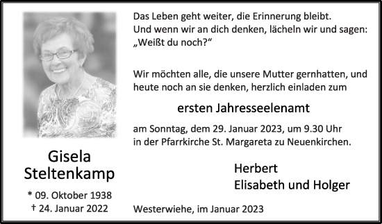 Traueranzeige von Gisela Steltenkamp von Die Glocke