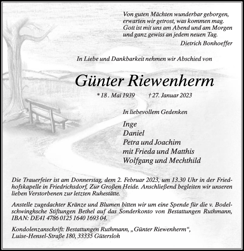  Traueranzeige für Günter Riewenherm vom 31.01.2023 aus Die Glocke