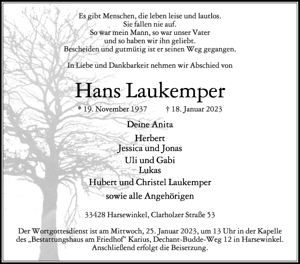  Traueranzeige für Hans Laukemper vom 21.01.2023 aus Die Glocke