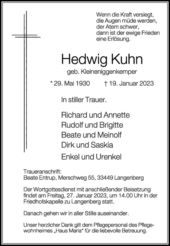 Traueranzeige von Hedwig Kuhn von Die Glocke