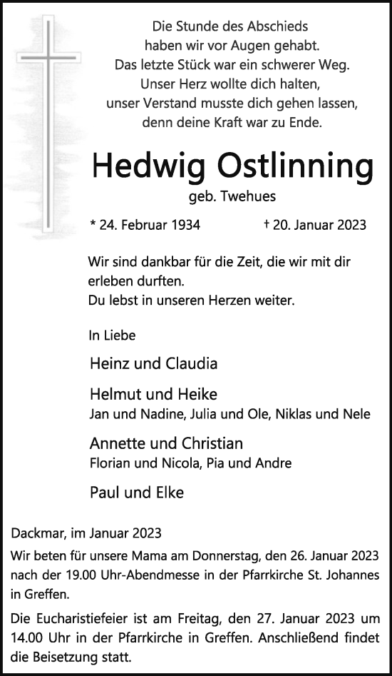 Traueranzeige von Hedwig Ostlinning von Die Glocke