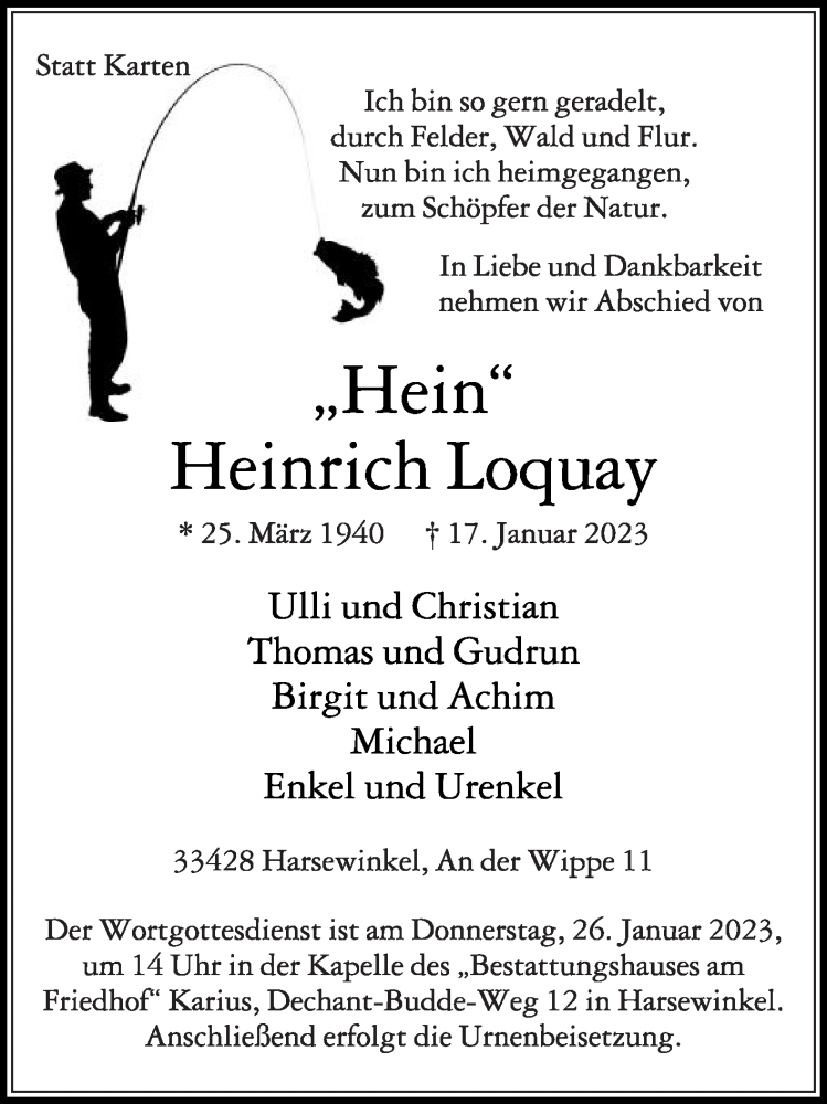  Traueranzeige für Heinrich Loquay vom 21.01.2023 aus Die Glocke