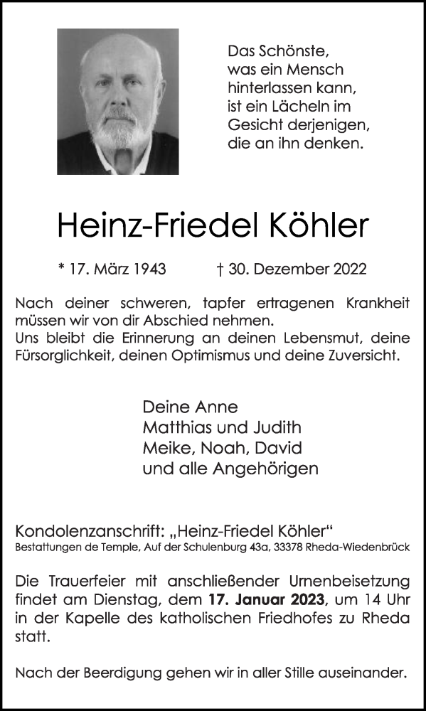  Traueranzeige für Heinz-Friedel Köhler vom 07.01.2023 aus Die Glocke