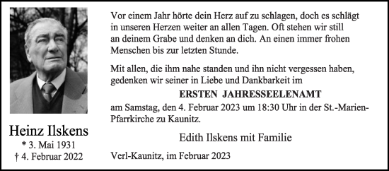 Traueranzeige von Heinz Ilskens von Die Glocke