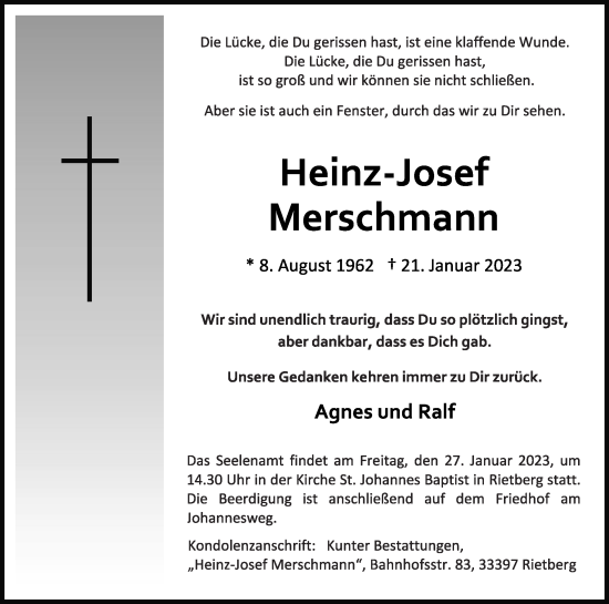 Traueranzeige von Heinz-Josef Merschmann von Die Glocke