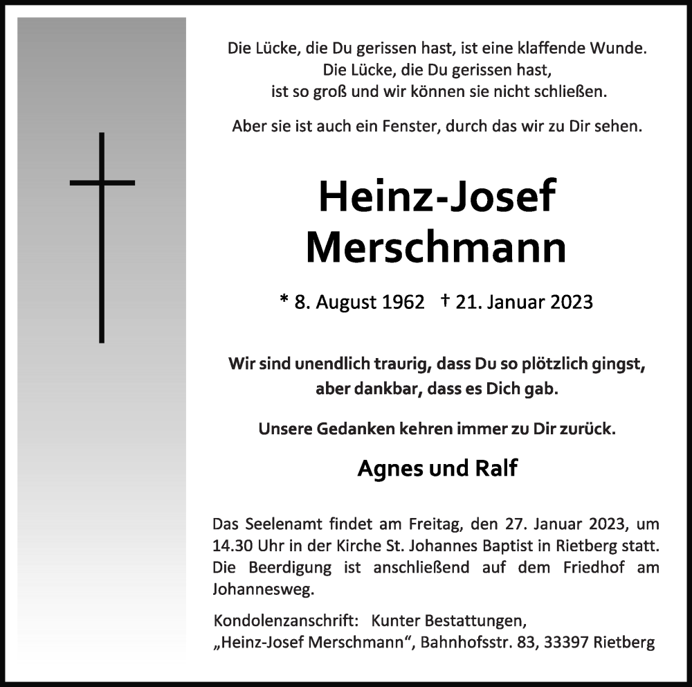 Traueranzeige für Heinz-Josef Merschmann vom 25.01.2023 aus Die Glocke