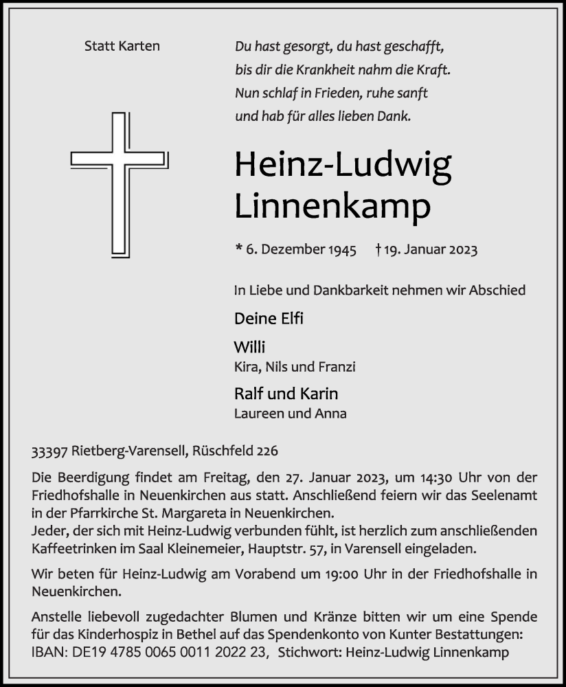  Traueranzeige für Heinz-Ludwig Linnenkamp vom 21.01.2023 aus Die Glocke