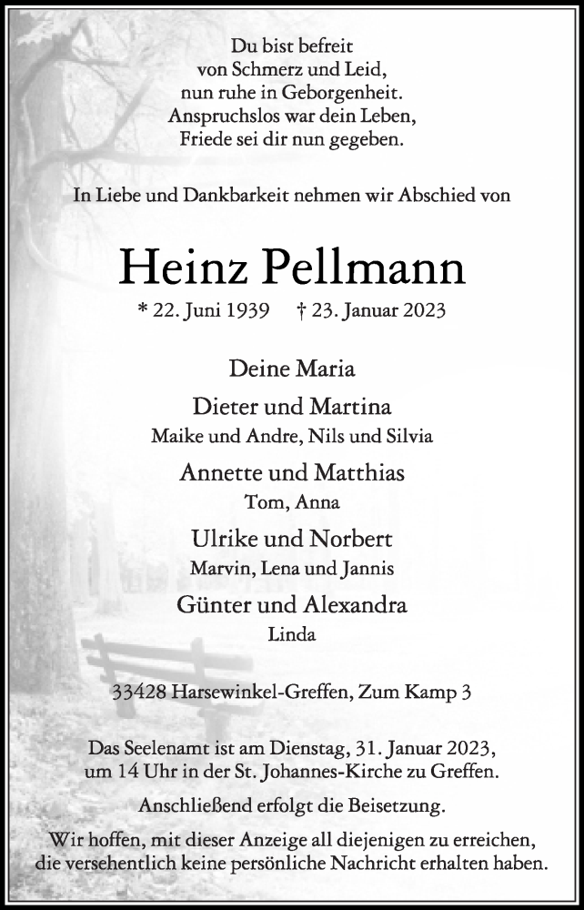  Traueranzeige für Heinz Pellmann vom 28.01.2023 aus Die Glocke