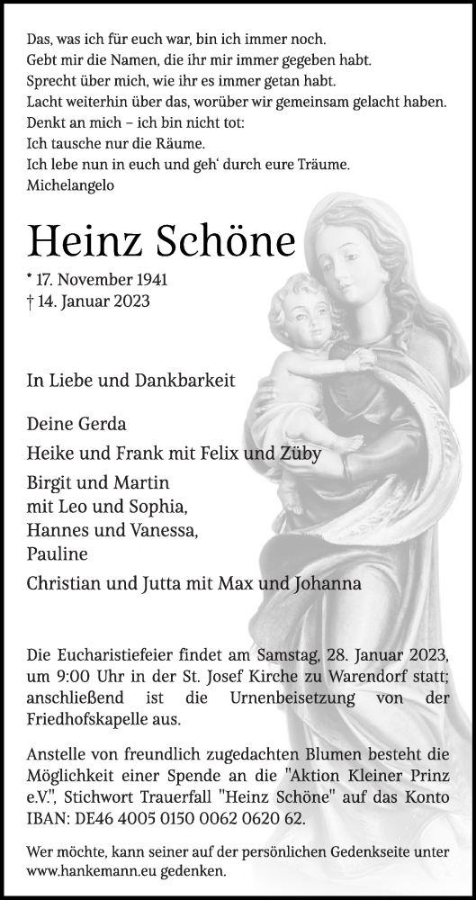  Traueranzeige für Heinz Schöne vom 21.01.2023 aus Die Glocke