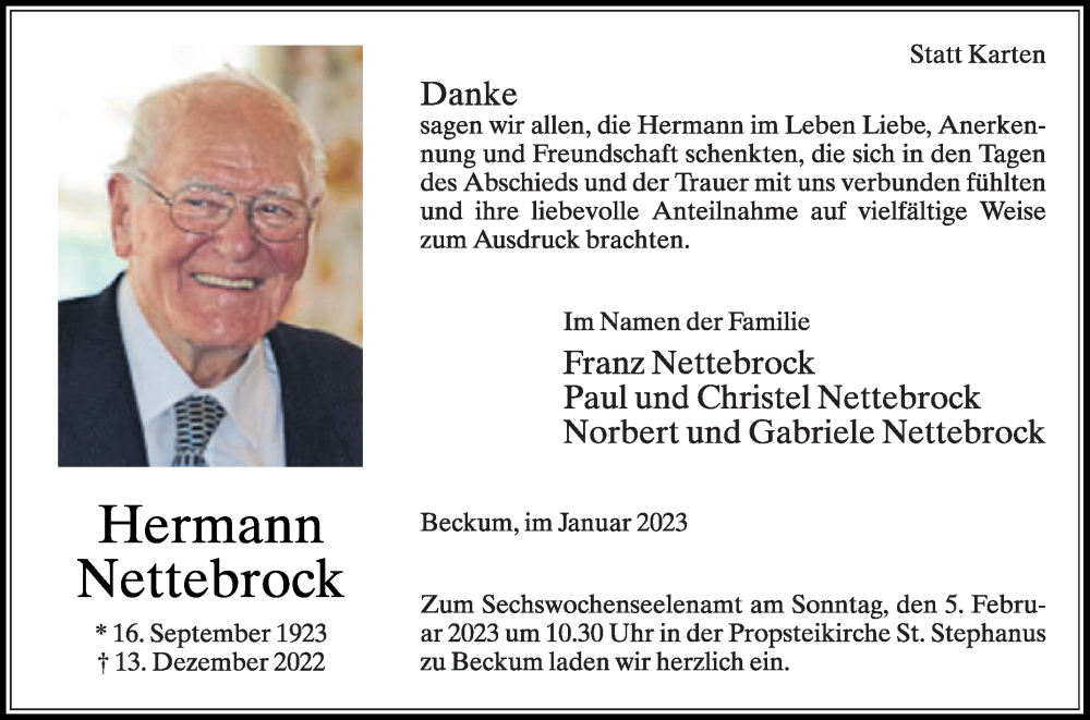  Traueranzeige für Hermann Nettebrock vom 28.01.2023 aus Die Glocke