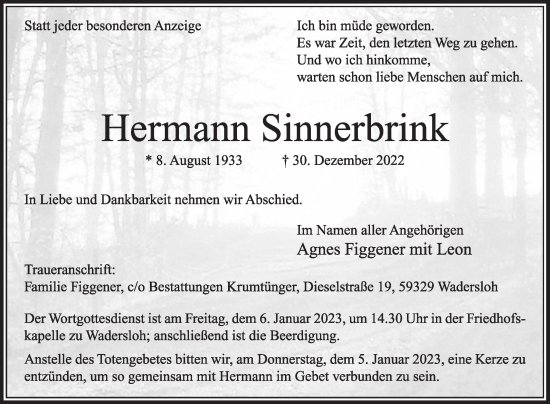 Traueranzeige von Hermann Sinnerbrink von Die Glocke