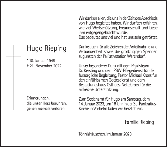 Traueranzeige von Hugo Rieping von Die Glocke