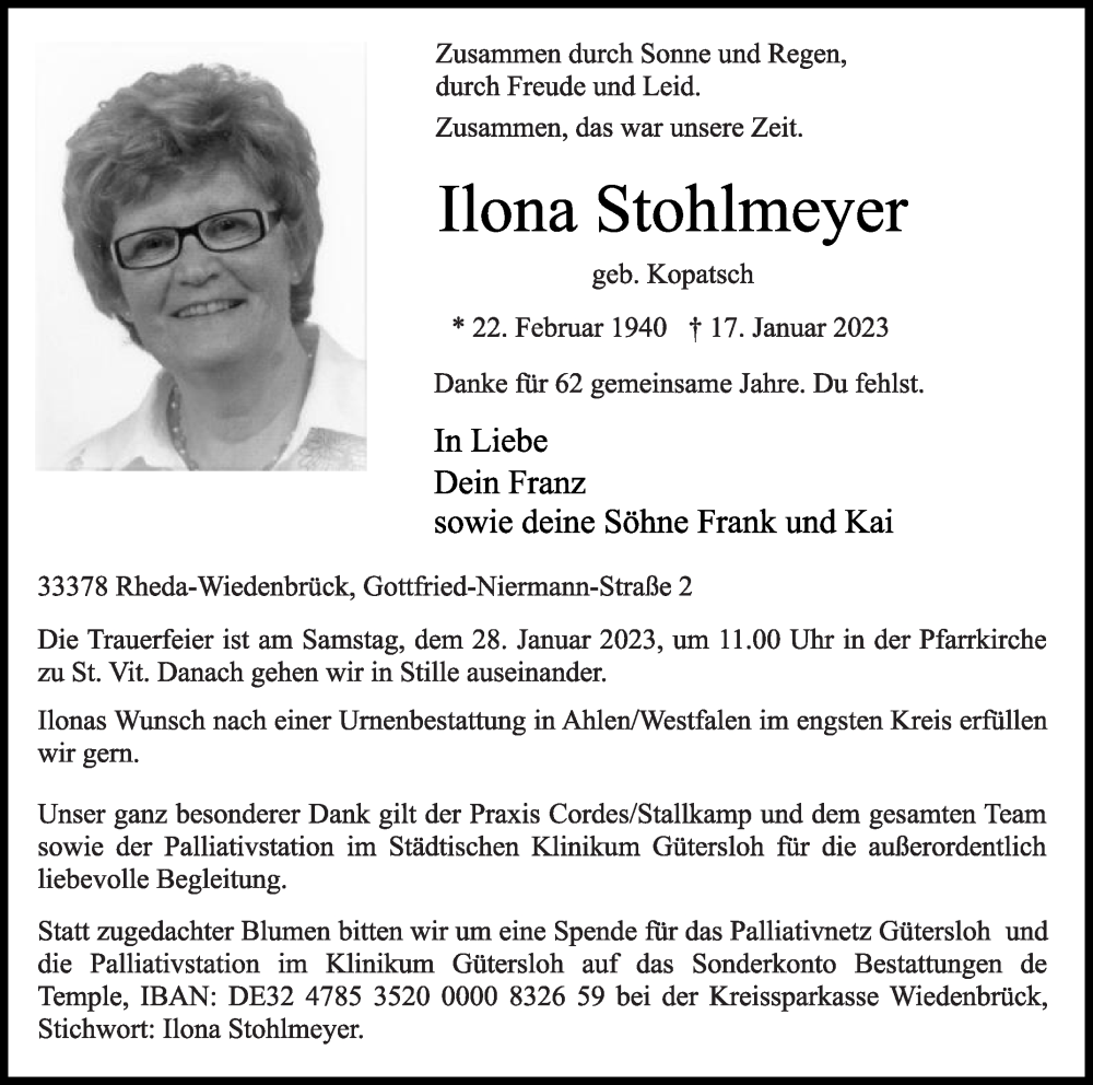  Traueranzeige für Ilona Stohlmeyer vom 21.01.2023 aus Die Glocke