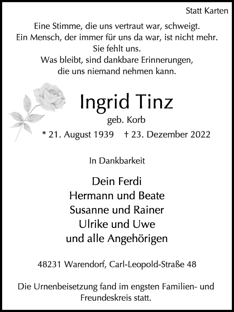  Traueranzeige für Ingrid Tinz vom 23.01.2023 aus Die Glocke