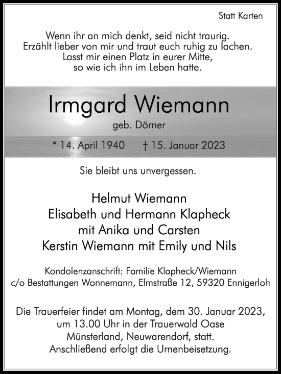 Traueranzeige von Irmgard Wiemann von Die Glocke