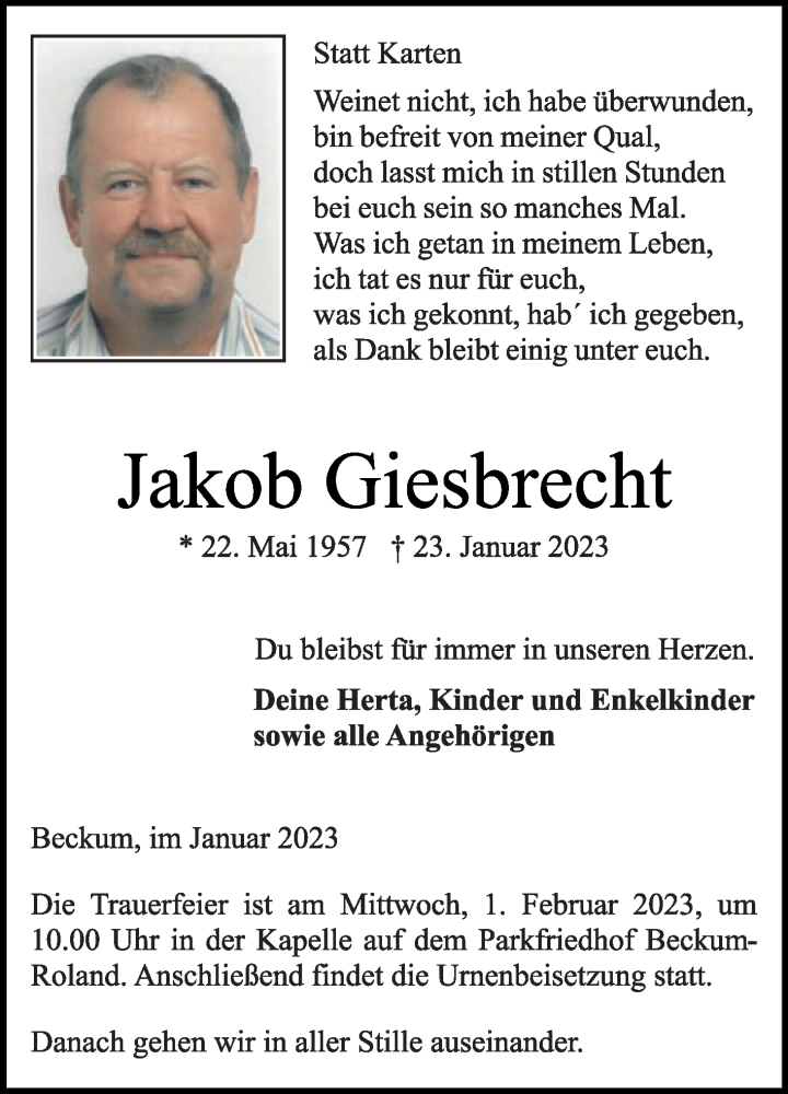  Traueranzeige für Jakob Giesbrecht vom 28.01.2023 aus Die Glocke