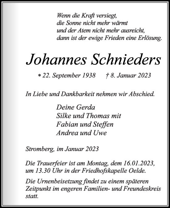 Traueranzeige von Johannes Schnieders von Die Glocke