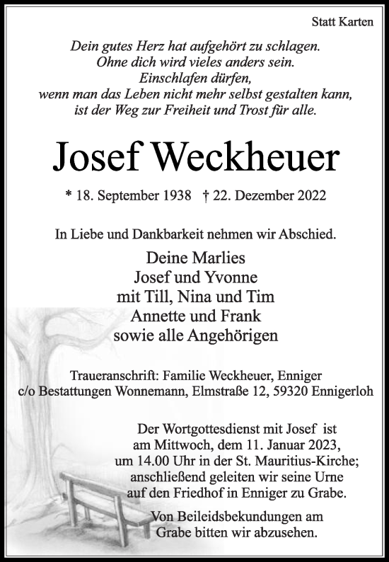 Traueranzeige von Josef Weckheuer von Die Glocke