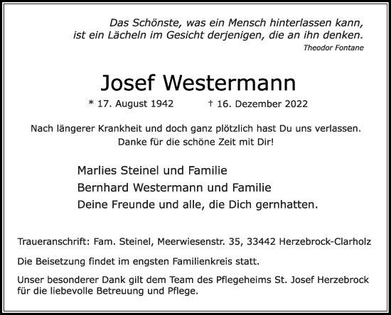 Traueranzeige von Josef Westermann von Die Glocke