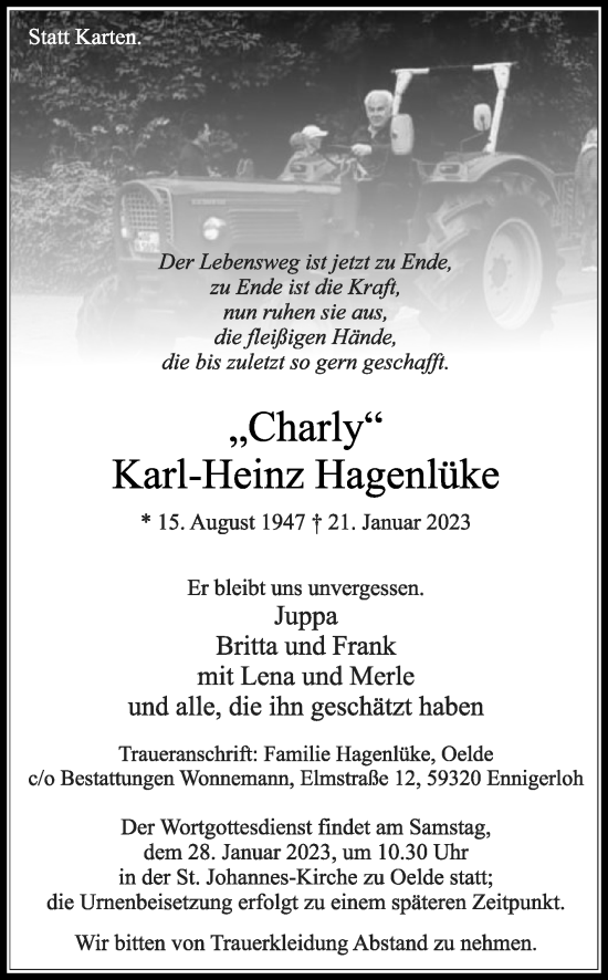 Traueranzeige von Karl-Heinz Hagenlüke von Die Glocke