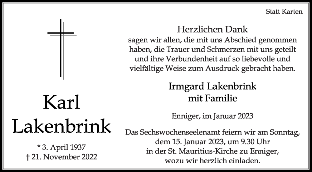 Traueranzeige für Karl Lakenbrink vom 07.01.2023 aus Die Glocke