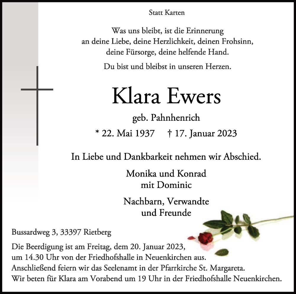  Traueranzeige für Klara Ewers vom 18.01.2023 aus Die Glocke