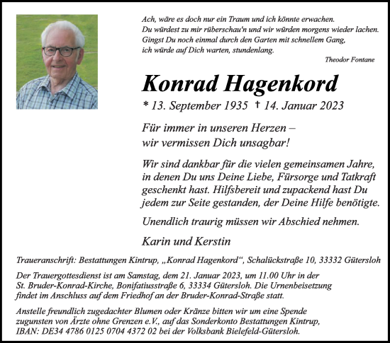 Traueranzeige von Konrad Hagenkord von Die Glocke