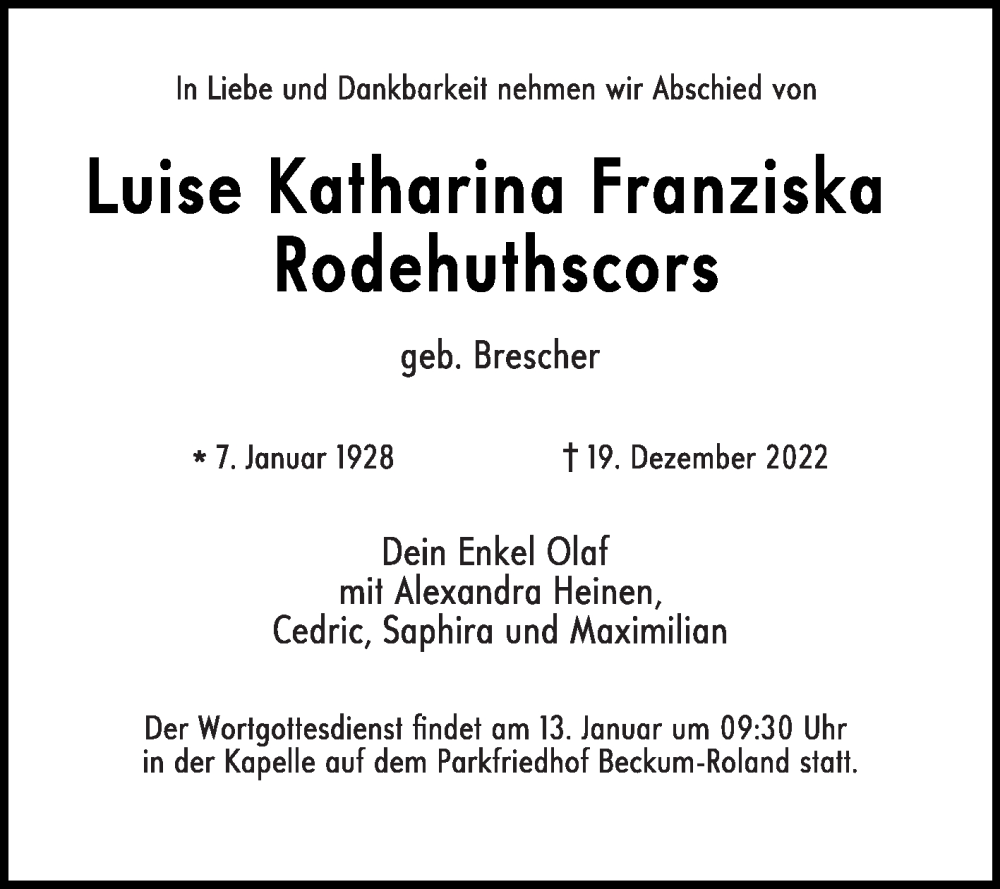  Traueranzeige für Luise Katharina Franziska Rodehuthscors vom 07.01.2023 aus Die Glocke