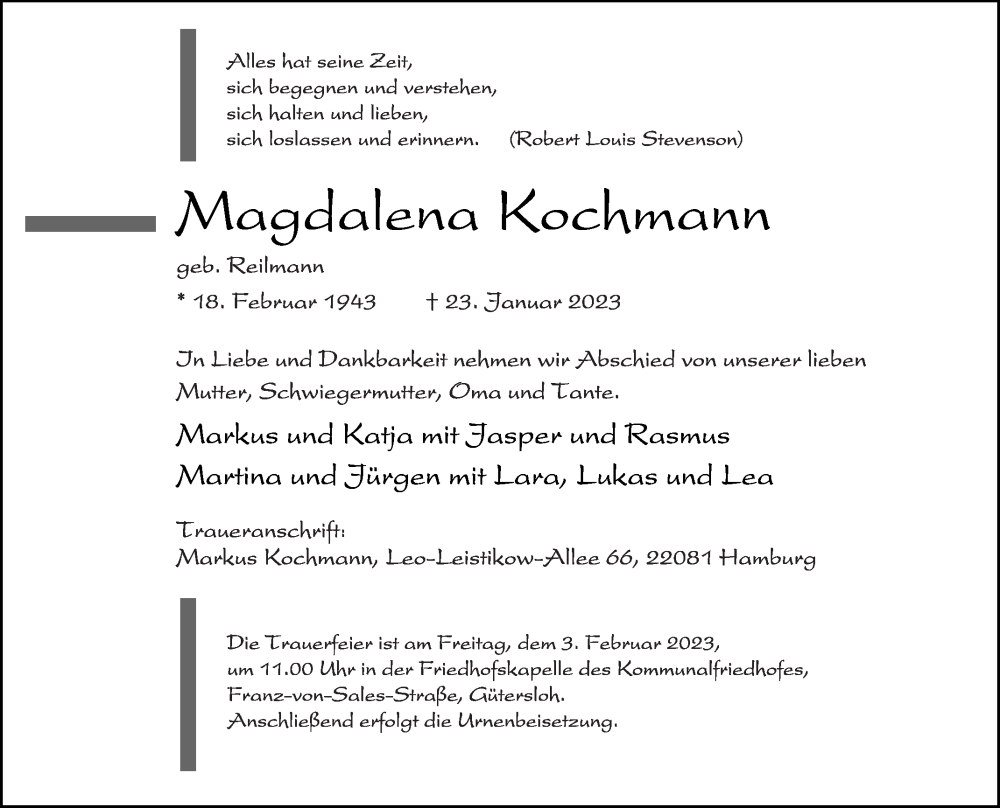  Traueranzeige für Magdalena Kochmann vom 28.01.2023 aus Die Glocke