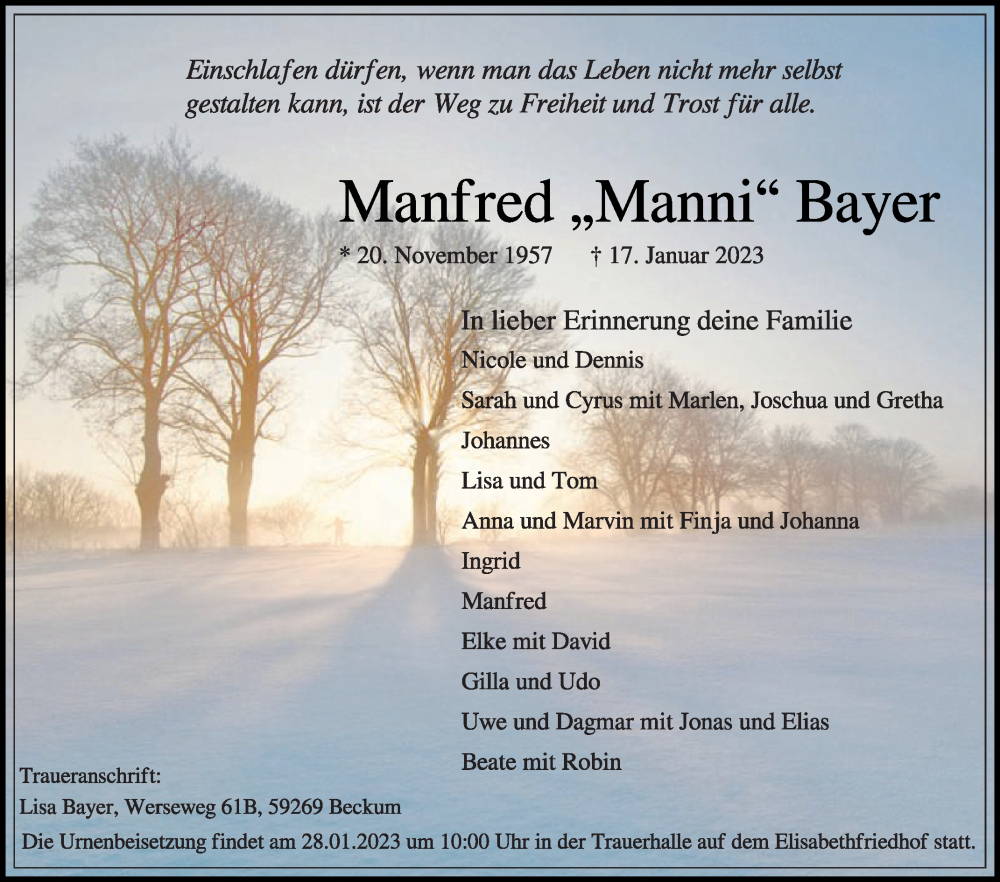  Traueranzeige für Manfred Bayer vom 21.01.2023 aus Die Glocke