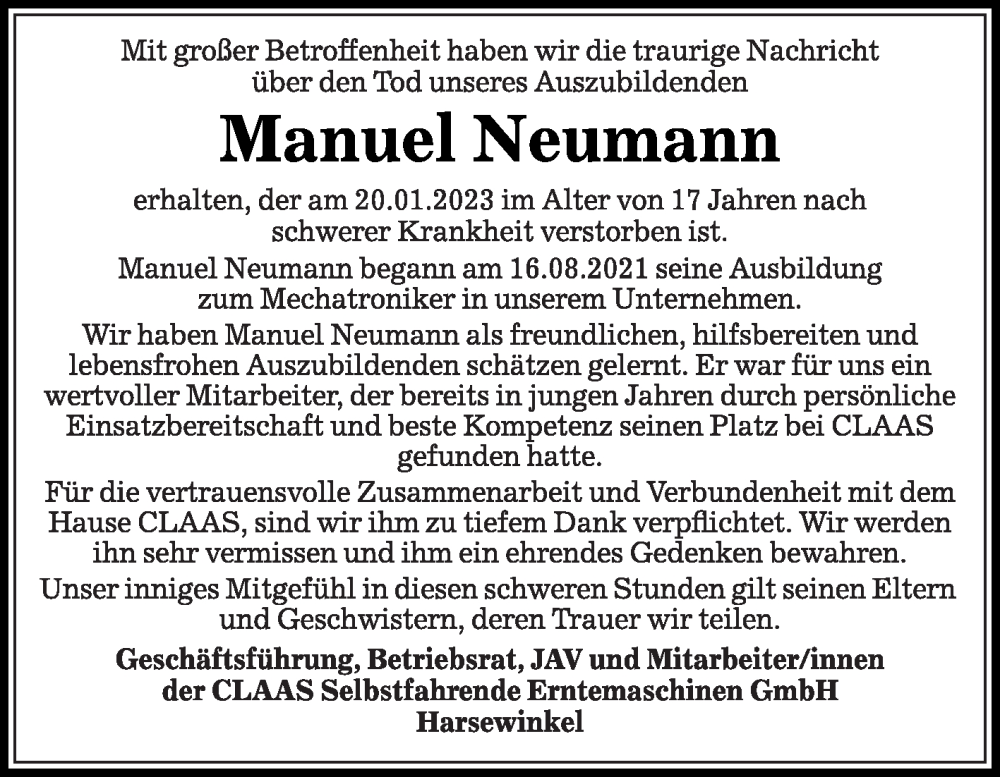  Traueranzeige für Manuel Neumann vom 24.01.2023 aus Die Glocke