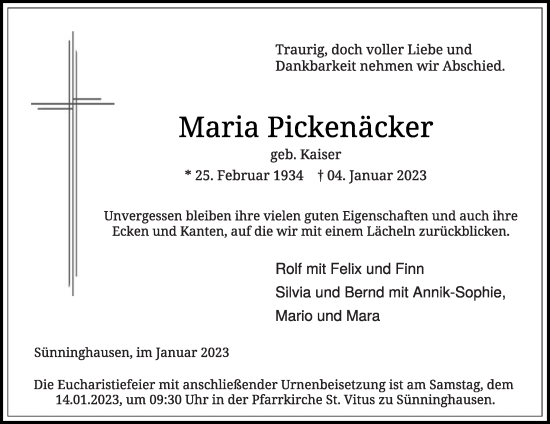 Traueranzeige von Maria Pickenäcker von Die Glocke