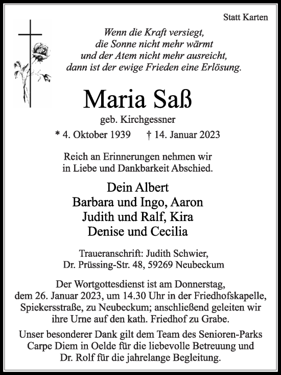 Traueranzeige von Maria Saß von Die Glocke