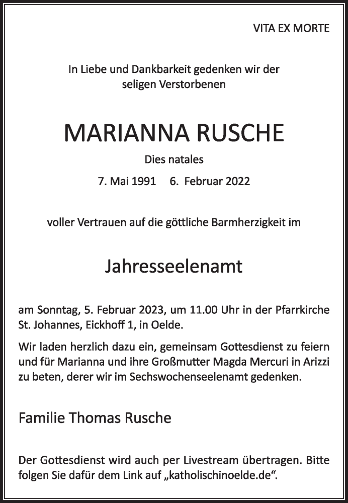  Traueranzeige für Marianna Rusche vom 28.01.2023 aus Die Glocke