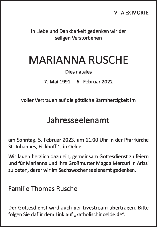 Traueranzeige von Marianna Rusche von Die Glocke